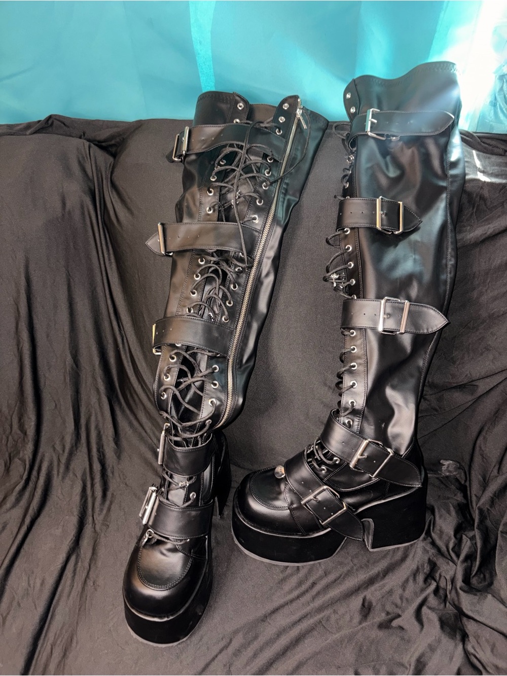 Demonia Black Over-the-Knee Platform Lace & Buckle Boots